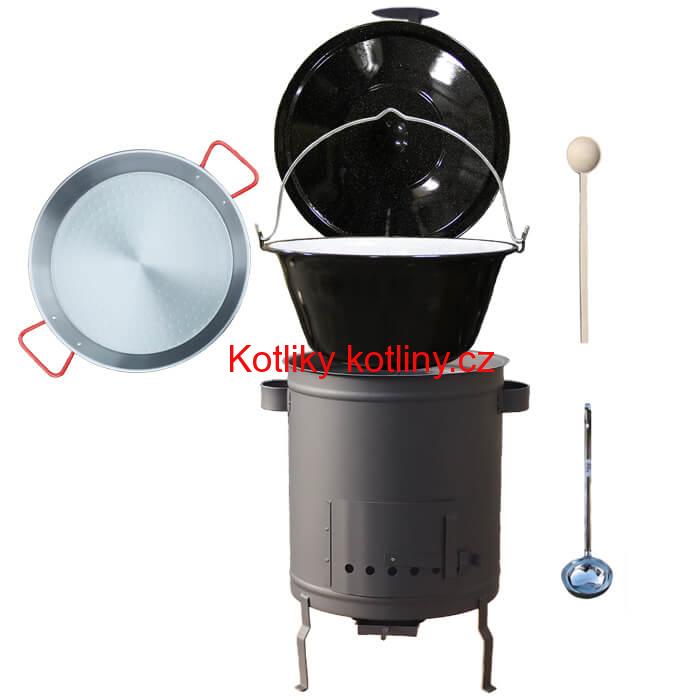 Smaltovaný kotlík 13 L (1,2 mm) + Paella pánev 38 cm + silnostěnná (1,5 mm) žáruvzdorná kotlina (1,5 mm) 36 PLUS 600
