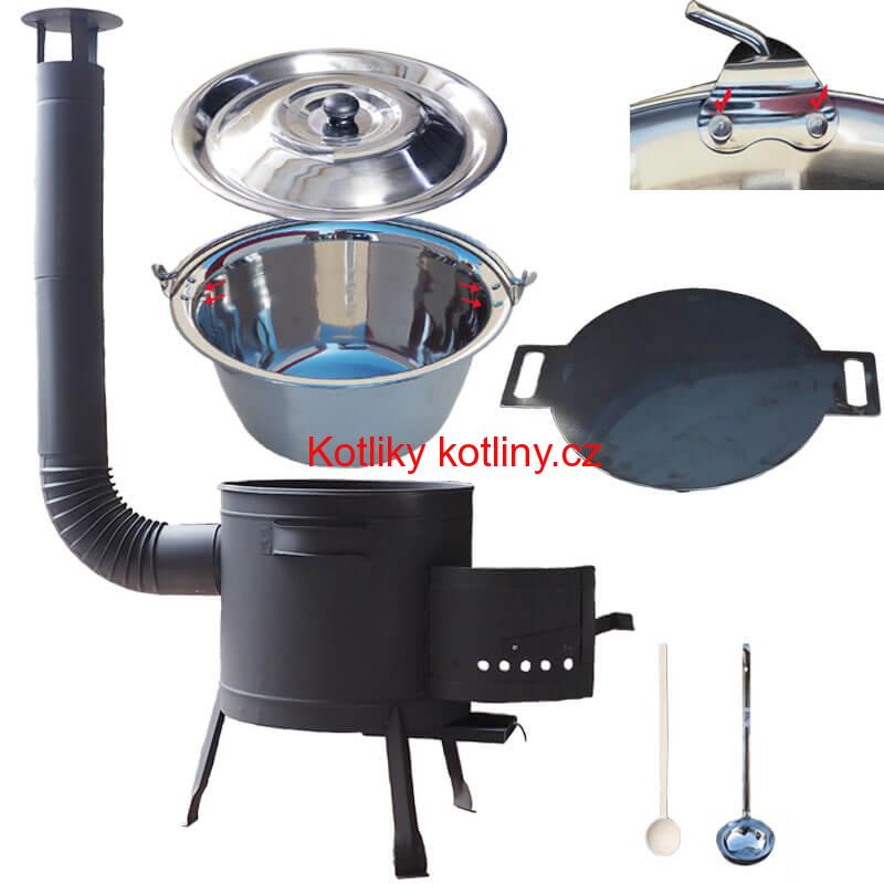Nerezový kotlík 15 L (0,8 mm) s nýty + železná pánev 38 cm UNI + kotlina 36 cm PLUS 600