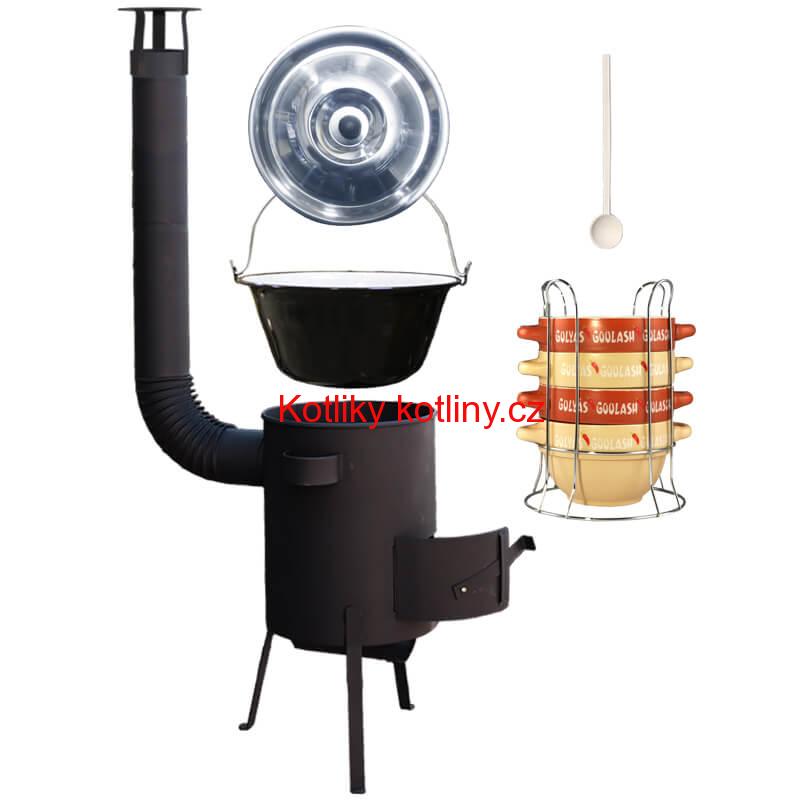 Smaltovaný kotlík 22 L (1,2 mm) + misky na guláš 4 ks + žáruvzdorná kotlina 42 PLUS 600 4 MM