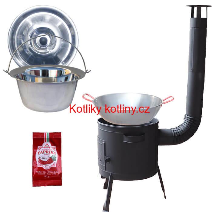 Nerezový kotlík 22 L (0,8 mm) INOX + Pánev PAELLA (WOK) 45 cm + sladká paprika 50 g + nízká kotlina 42 PLUS 600