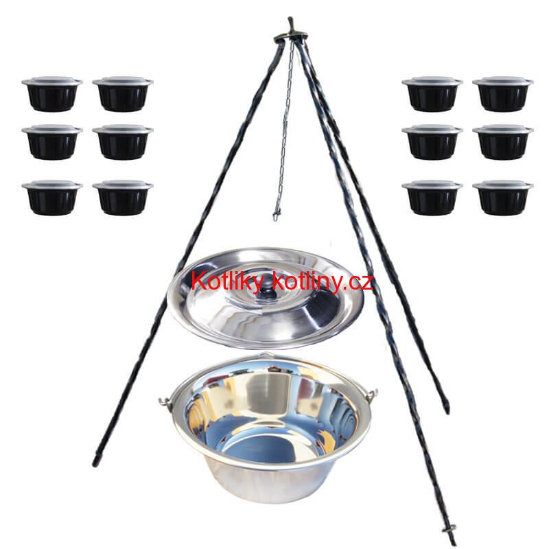 Nerezový kotlík 14 L (0,8 mm) INOX + poklice + trojnožka 1,20 m + misky 12 ks