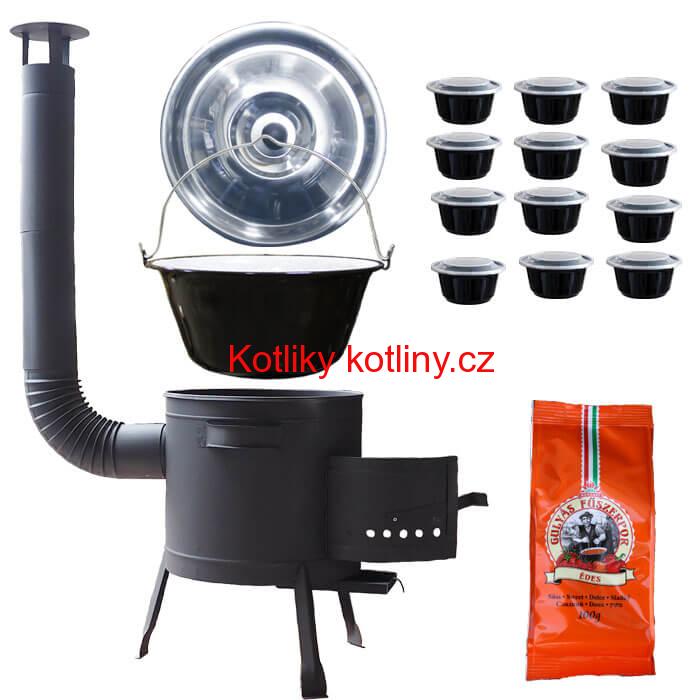 Smaltovaný kotlík 20 L (1,2 mm) + poklice + misky 12 ks + nízká žáruvzdorná kotlina (0,8 mm) 42 PLUS 600