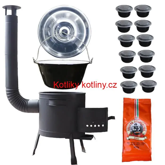 Smaltovaný kotlík 25 L (1,2 mm) + silnostěnná (1,5 mm) žáruvzdorná kotlina BALKY STRONG 42 PLUS 600 + misky 12 ks + paprikové koření na guláš 100 g