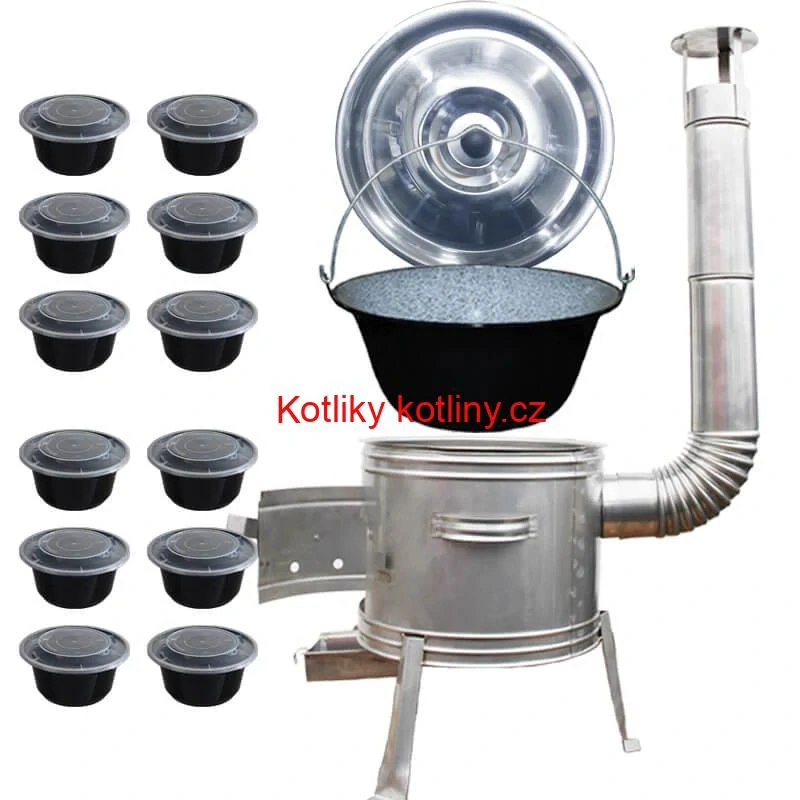 Smaltovaný kotlík 22 L + Nerezová kotlina 42 INOX + misky 12 ks