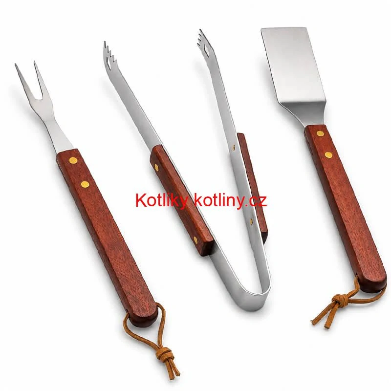 Grilovací nářadí BBQ – sada 3 ks, nerez a dřevo, 33 cm