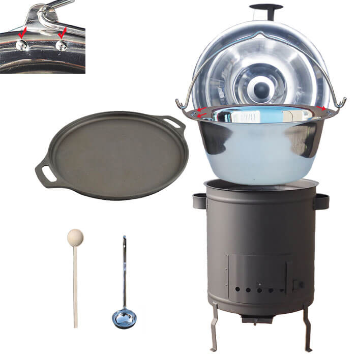 Nerezový kotlík 20 L (0,8 mm) zesílený s nýty + Litinová pánev 43 cm + silnostěnná (1,5 mm) a žáruvzdorná kotlina 42 PLUS 600