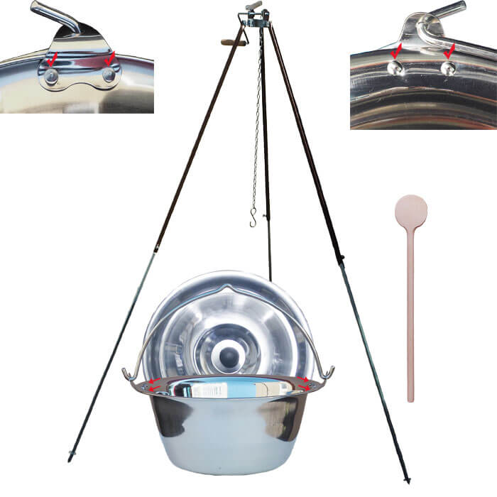 Nerezový kotlík 20 L (0,8 mm) s nýty + teleskopická trojnožka s pojistnou kladkou + poklice
