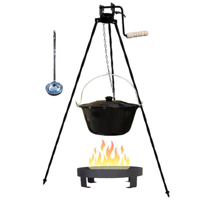 Smaltovaný kotlík 16 L (1,2 mm) + Ohniště + stojan s kladkou VAR