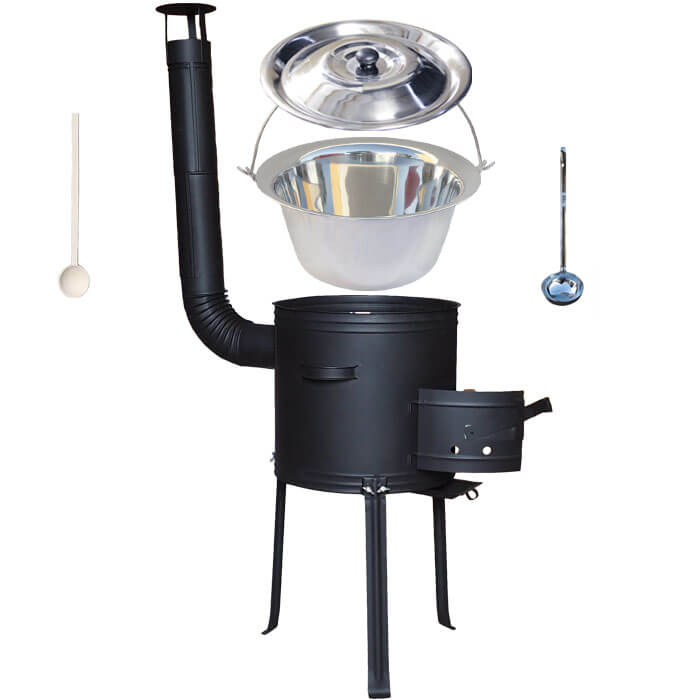 Nerezový kotlík 20 L (1,2 mm) + kovová kotlina s vysokými nožičkami 42 cm + vařečka a naběračka