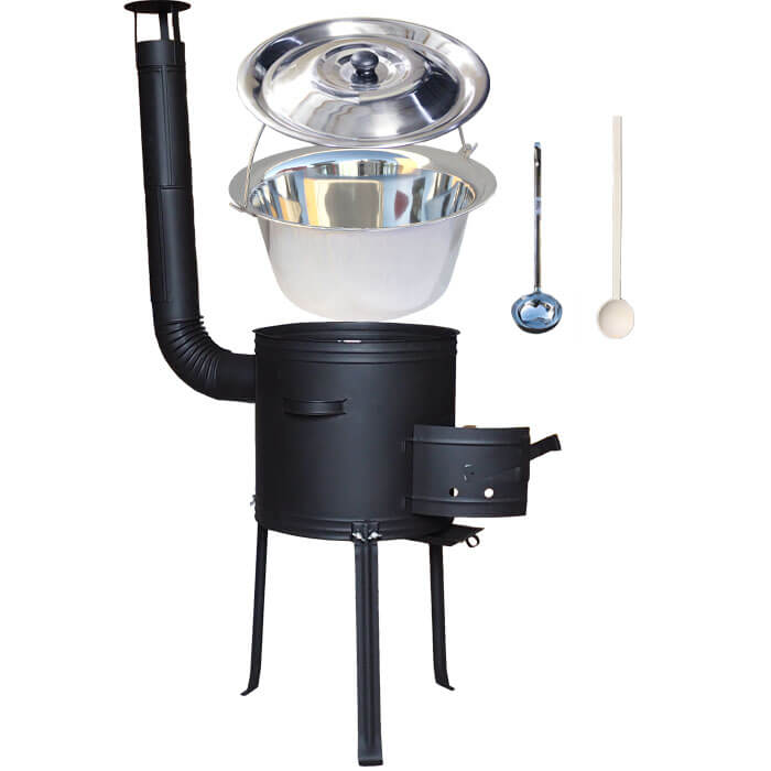 Nerezový kotlík 20 L (1,2 mm) + kovová kotlina s vysokými nožičkami 42 cm, žáruvzdorná barva Plus 700 + vařečka a naběračka