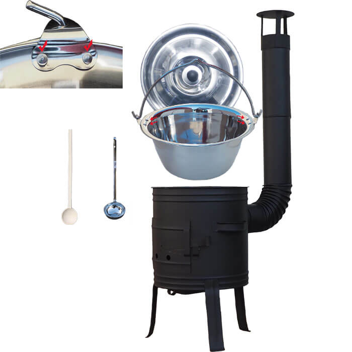 Nerezový kotlík 10 L (0,8 mm) s nýty + nízká žáruvzdorná kotlina 33 cm PLUS 700 + vařečka a naběračka