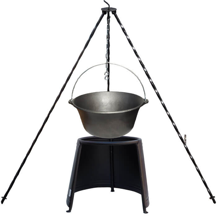 Litinový kotlík 7,2 L + chránič plamene 32 cm + trojnožka 1,2 m