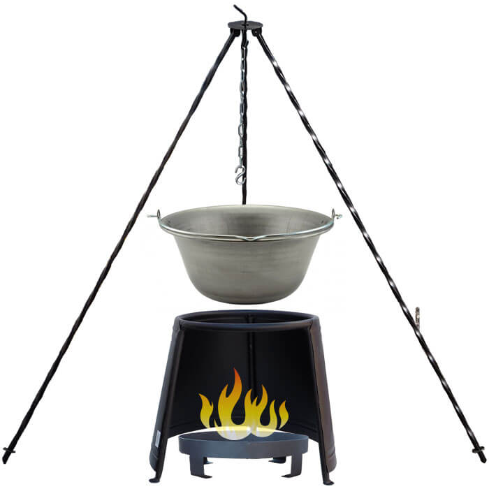Železný kotlík 6 L (0,75 mm) + chránič plamene 32 cm + ohniště 36 cm + trojnožka 1,2 m