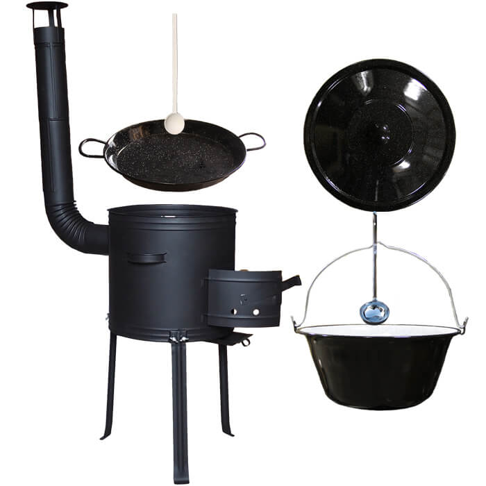 Smaltovaný kotlík 20 L + Paella pánev 46 cm + kovová kotlina s vysokými nožičkami 42 cm, žáruvzdorná barva Plus 700