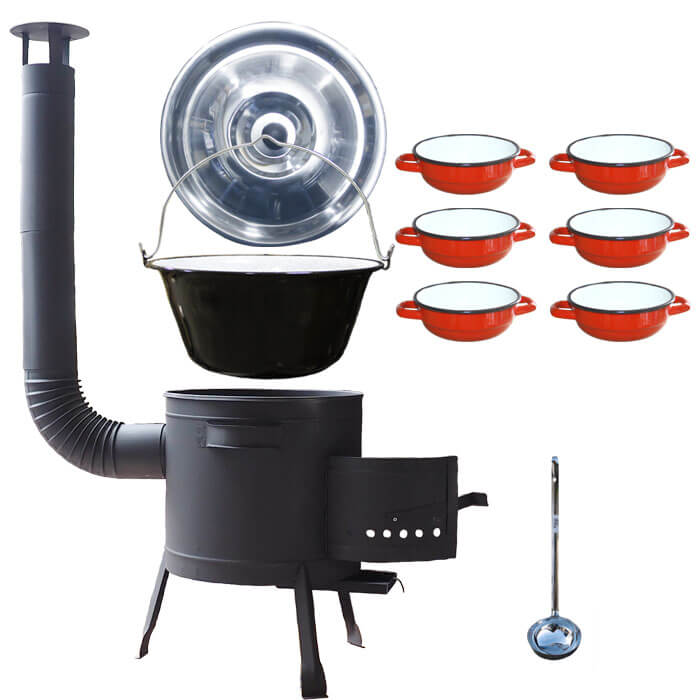 Smaltovaný kotlík 20 L + selské misky 6 ks + nízká žáruvzdorná kotlina 42 cm PLUS 600