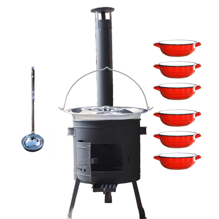 Nerezový kotlík 22 L (0,8 mm) INOX + selské misky 6 ks + nízká žáruvzdorná kotlina 42 cm PLUS 600