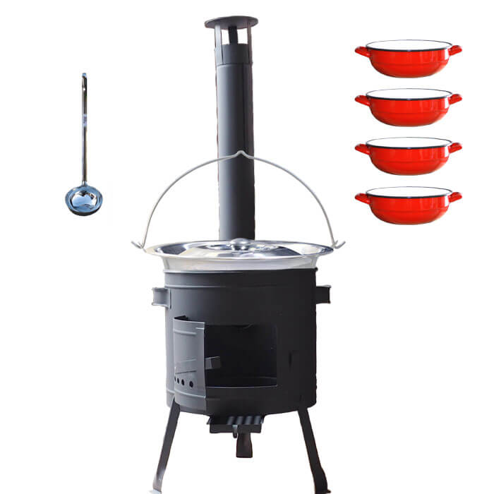 Nerezový kotlík 22 L (0,8 mm) INOX + selské misky 4 ks + nízká žáruvzdorná kotlina 42 cm PLUS 600