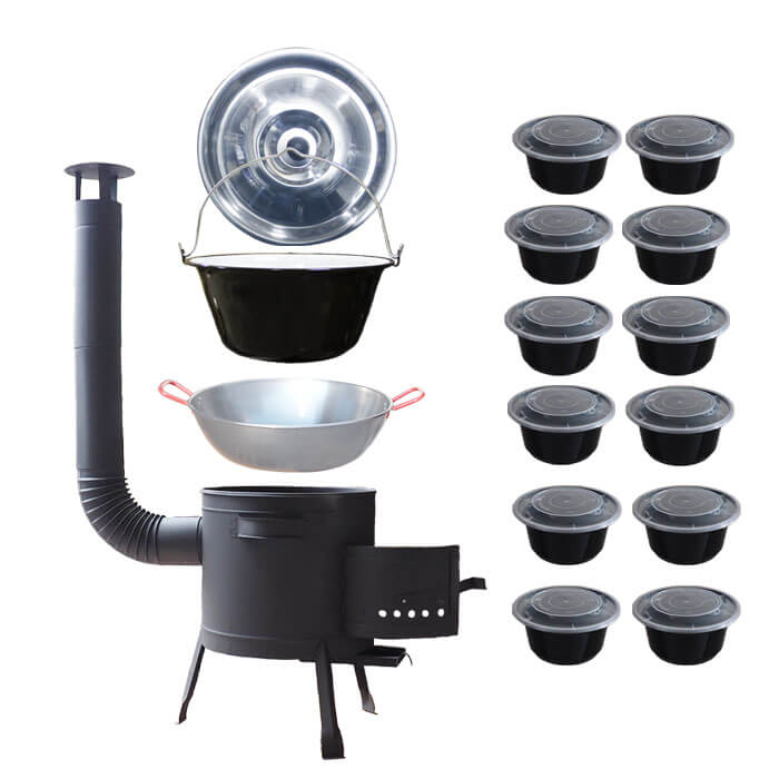 Smaltovaný kotlík 22 L + Pánev PAELLA (WOK) 45 cm + misky 12 ks + nízká kotlina 42 PLUS 600