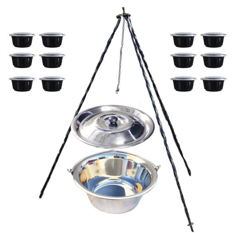 Nerezový kotlík 14 L (0,8 mm) INOX + poklice + trojnožka 1,20 m + misky 12 ks