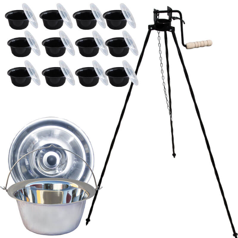 Nerezový kotlík 14 L (0,8 mm) INOX + stojan s kladkou VAR + misky 12 ks