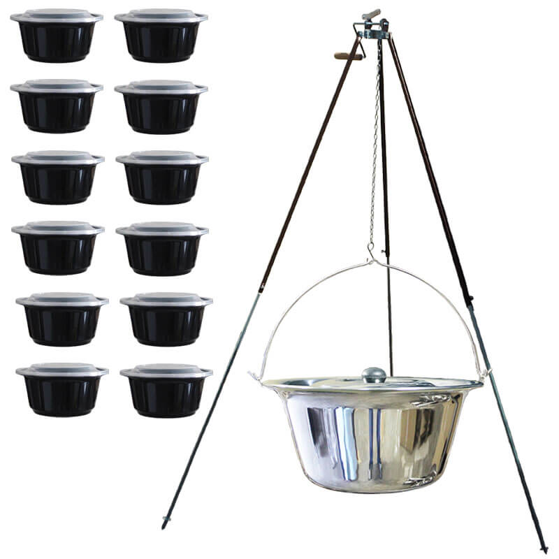 Nerezový kotlík 30 L (1,2 mm) + teleskopická trojnožka s pojistnou kladkou + misky 12 ks