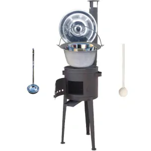 Nerezový kotlík 20 L (1,2 mm) INOX + vysoká žáruvzdorná kotlina (1,5 mm) HODO 42 cm PLUS 600 + vařečka + naběračka