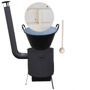 Zabijačkový smaltovaný kotel 100 L, žáruvzdorná kotlina 42 PLUS 600 4 MM, dřevěná poklice + vařečka