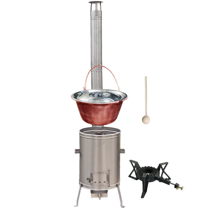 Měděný kotlík 14 L (1,2 mm) + nerezová kotlina 36 cm + litinový hořák 7 kW, vařečka LUX