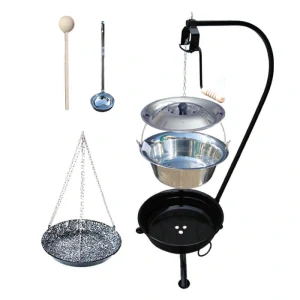 Nerezový kotlík 15 L (1,2 mm) INOX + smaltovaná pánev + ohniště se stojanem as pojistnou kladkou VAR