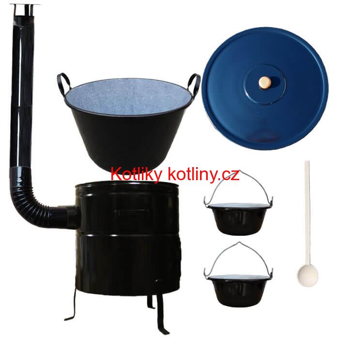 Zabijačkový smaltovaný kotel 60 L + kovová kotlina 53 cm + 2 servírovací kotlíky  a kouřovod