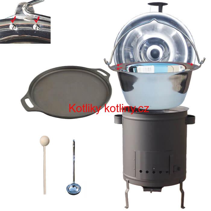 Nerezový kotlík 20 L (0,8 mm) zesílený s nýty + Litinová pánev 43 cm + silnostěnná (1,5 mm) a žáruvzdorná kotlina 42 PLUS 600