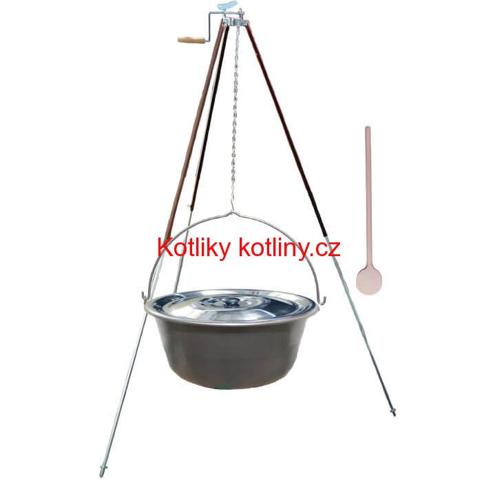 Nerezový kotlík 15 L (1,5 mm) + teleskopická trojnožka s pojistnou kladkou + poklice