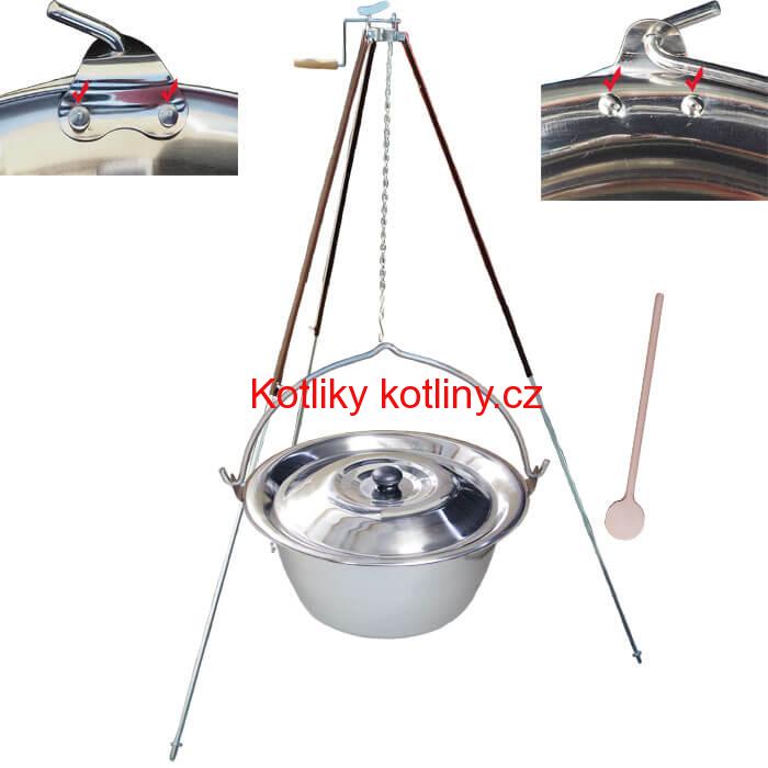 Nerezový kotlík 20 L (0,8 mm) s nýty + teleskopická trojnožka s pojistnou kladkou + poklice