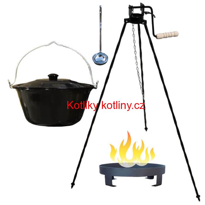 Smaltovaný kotlík 16 L (1,2 mm) + Ohniště + stojan s kladkou VAR