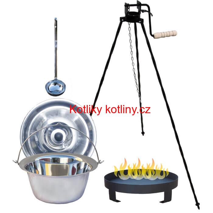 Nerezový kotlík 14 L (0,8 mm) + Ohniště + stojan s kladkou VAR