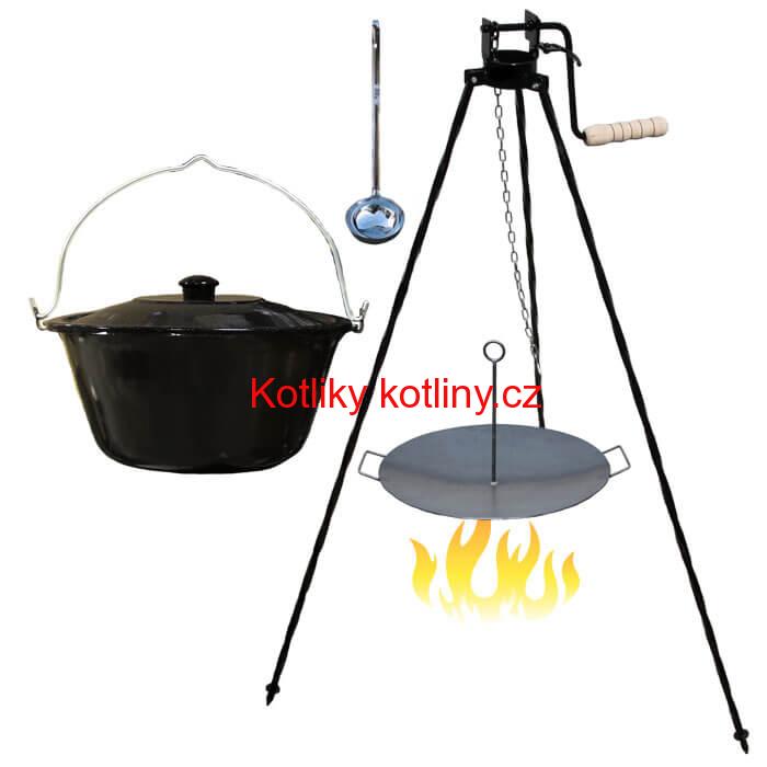 Smaltovaný kotlík 20 L (1,2 mm) + pánev na grilování a stojan s kladkou VAR
