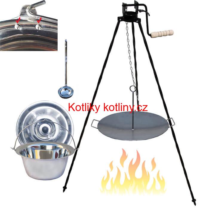 Nerezový kotlík 15 L (0,8 mm) s nýty + pánev na grilování a stojan s kladkou VAR