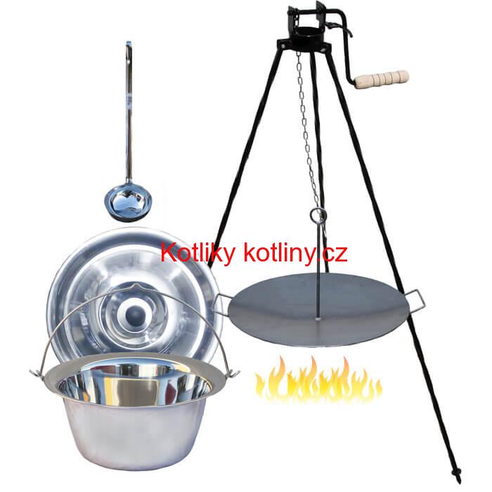 Nerezový kotlík 22 L (0,8 mm) + pánev na grilování a stojan s kladkou VAR