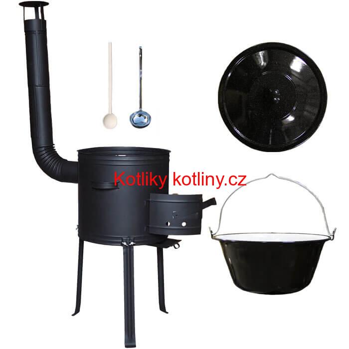 Smaltovaný kotlík 20 L (1,2 mm) + kovová kotlina s vysokými nožičkami 42 cm + vařečka a naběračka