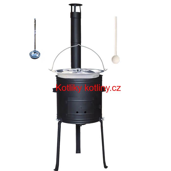 Nerezový kotlík 20 L (1,2 mm) + kovová kotlina s vysokými nožičkami 42 cm + vařečka a naběračka