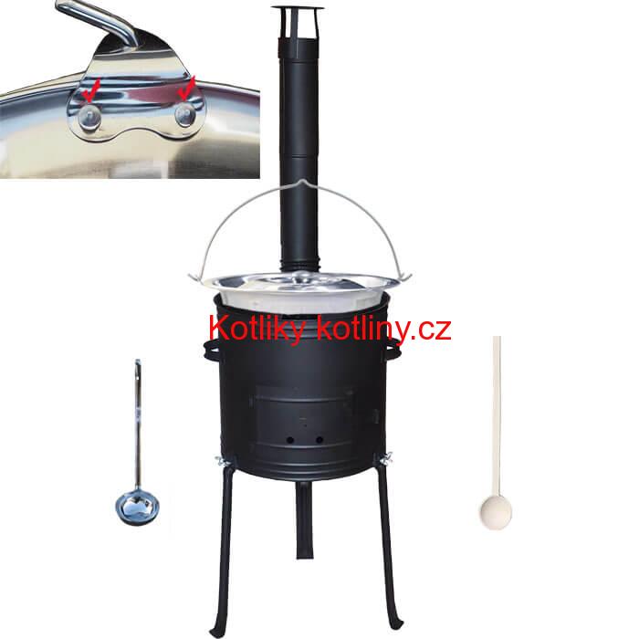 Nerezový kotlík 20 L (0,8 mm) zesílený s nýty + kovová kotlina s vysokými nožičkami 42 cm, žáruvzdorná barva Plus 700 + vařečka a naběračka