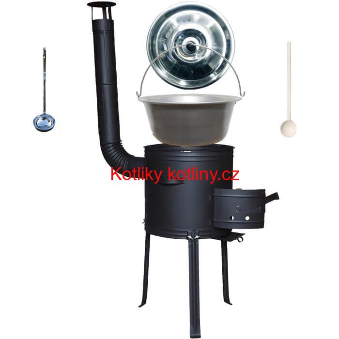 Nerezový kotlík 15 L (1,5 mm) + kovová kotlina s vysokými nožičkami 36 cm, žáruvzdorná barva Plus 700 + vařečka a naběračka