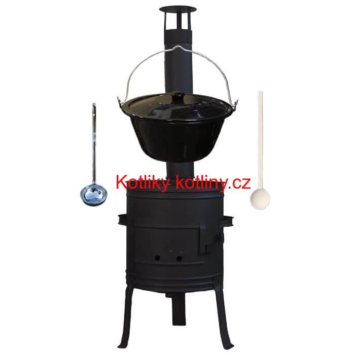 Smaltovaný kotlík 10 L (1,2 mm) + nízká žáruvzdorná kotlina 33 cm PLUS 700 + vařečka a naběračka