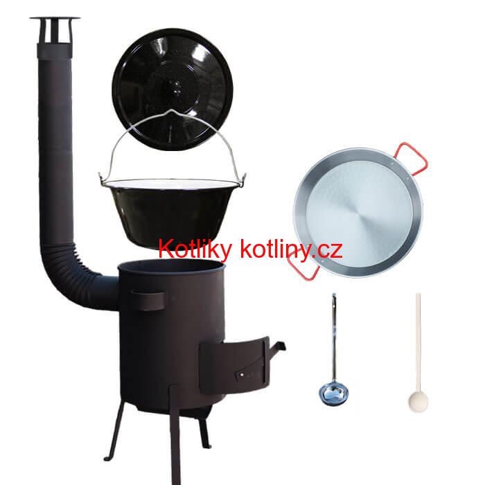 Smaltovaný kotlík 16 L + Paella ocelová pánev 42 cm + žáruvzdorná kotlina 39 PLUS 600 s roštem na popel 4 mm