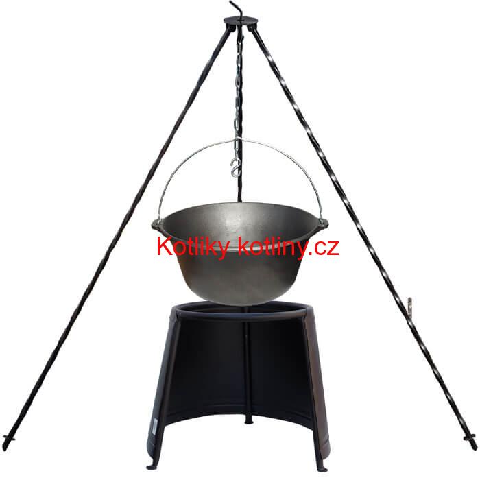 Litinový kotlík 10,8 L + chránič plamene 37 cm + trojnožka 1,2 m