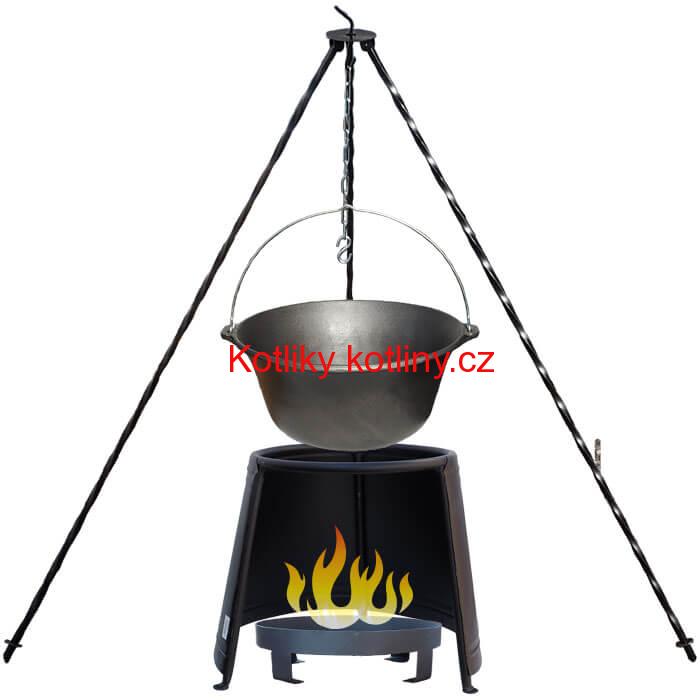 Litinový kotlík 10,8 L + chránič plamene 37 cm + ohniště 36 cm + trojnožka 1,2 m
