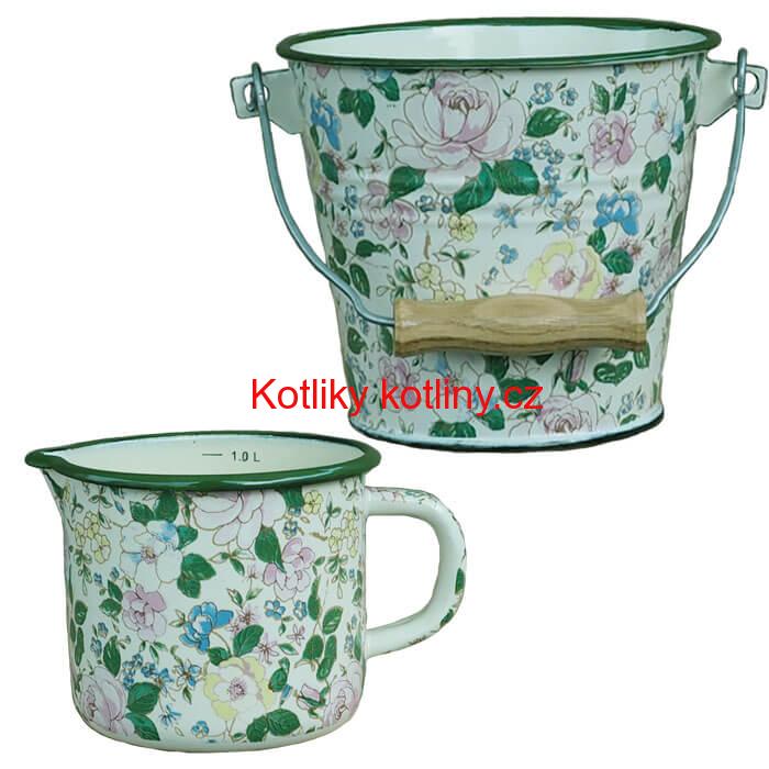 Smaltovaný hrnek s výlevkou 1 L + vědro 1 L DECOR
