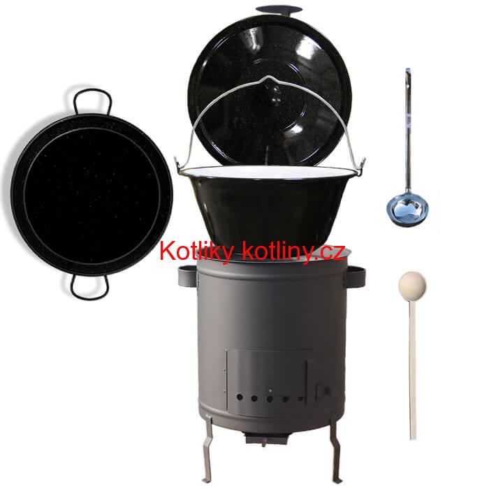 Smaltovaný kotlík 13 L (1,2 mm) + Paella pánev 38 cm + silnostěnná (1,5 mm) žáruvzdorná kotlina (1,5 mm) 36 PLUS 600