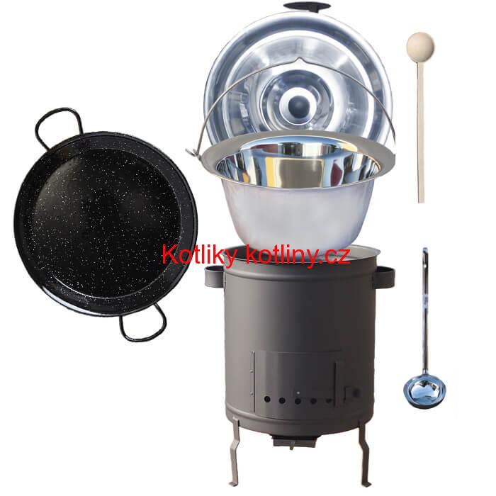 Nerezový kotlík 14 L (0,8 mm) + Paella pánev 38 cm + silnostěnná (1,5 mm) žáruvzdorná kotlina (1,5 mm) 36 PLUS 600