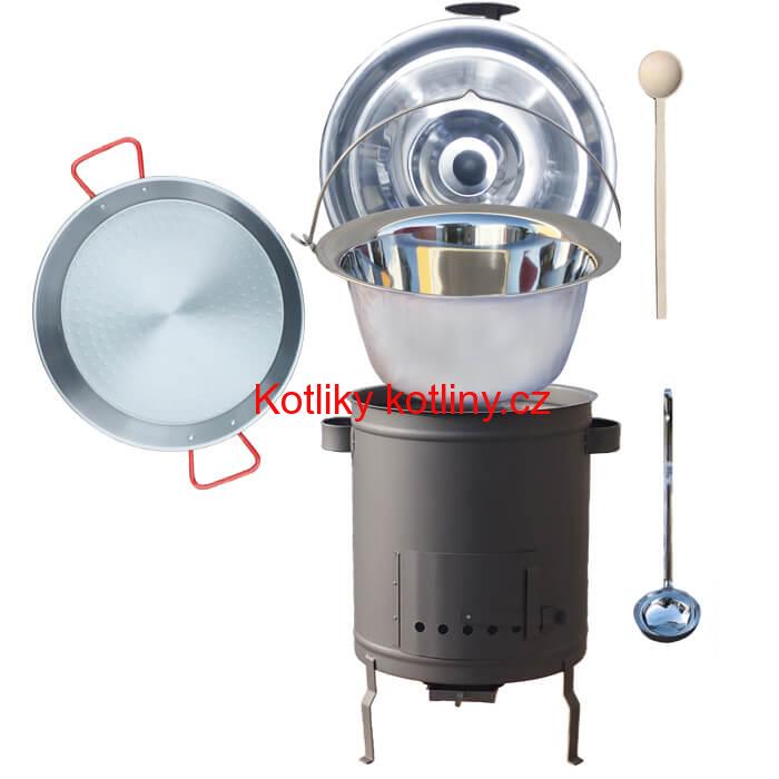 Nerezový kotlík 14 L (0,8 mm) + Paella pánev 38 cm + silnostěnná (1,5 mm) žáruvzdorná kotlina (1,5 mm) 36 PLUS 600